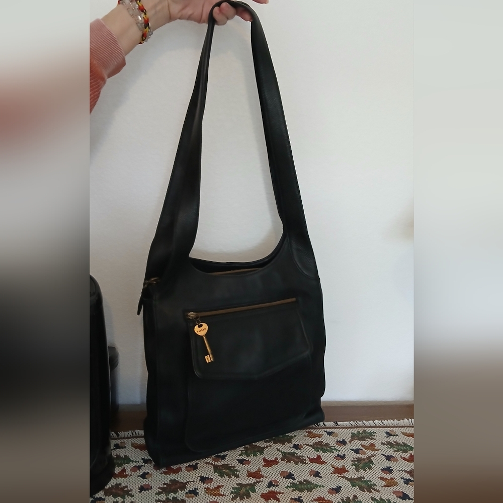 Black Fossil Leather Tote Bag